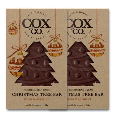 Cox&Co. Christmas Chocolates - 2 x 50g Miso & Caramel 47% Dark Chocolate Christmas Tree in a Gift Box - Luxury Single Origin Colombian Cacao - Sustainable Gifts