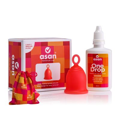 Asan Menstrual Cup (Light/Medium Flow) + OneDrop Cleanser, 60 ml Combo Pack | Easy to Insert, Remove & Sterilise | Leakproof, Reusable & Portable | Medical Grade Silicone I Eco Period Products