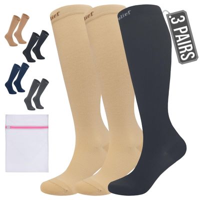 360 RELIEF 3 Pairs Plus Size Compression Socks for Women & Men - 15-20 mmHg Travel Flight Socks  Graduated Support - Ideal for Running, Cycling & during Maternity, XXL, 2Beige+1Black + Laundry Bag