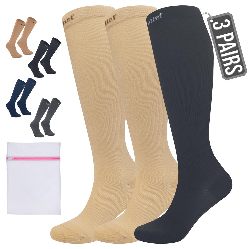 360 RELIEF 3 Pairs Plus Size Compression Socks for Women & Men - 15-20 mmHg Travel Flight Socks  Graduated Support - Ideal for Running, Cycling & during Maternity, XXL, 2Beige+1Black + Laundry Bag
