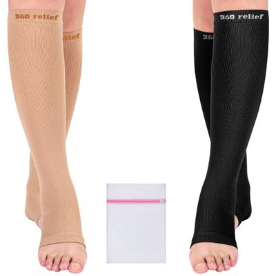 360 RELIEF 2 Pairs Plus Size Compression Socks for Women & Men - Open Toe Graduated Compression Stockings, Flight Socks, Running, Nurses, Maternity, Pregnancy, 3XL, Beige+Black + Laundry Bag