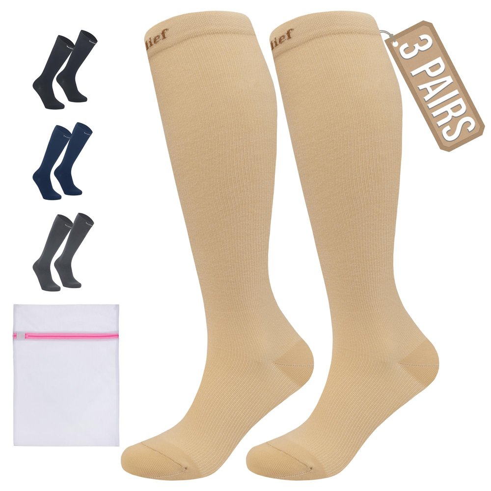 360 RELIEF 3 Pairs Compression Socks for Women & Men - 15-20 mmHg Travel Flight Socks  Graduated Support - Ideal for Running, Cycling & during Maternity -S/M, Beige with Laundry Bag