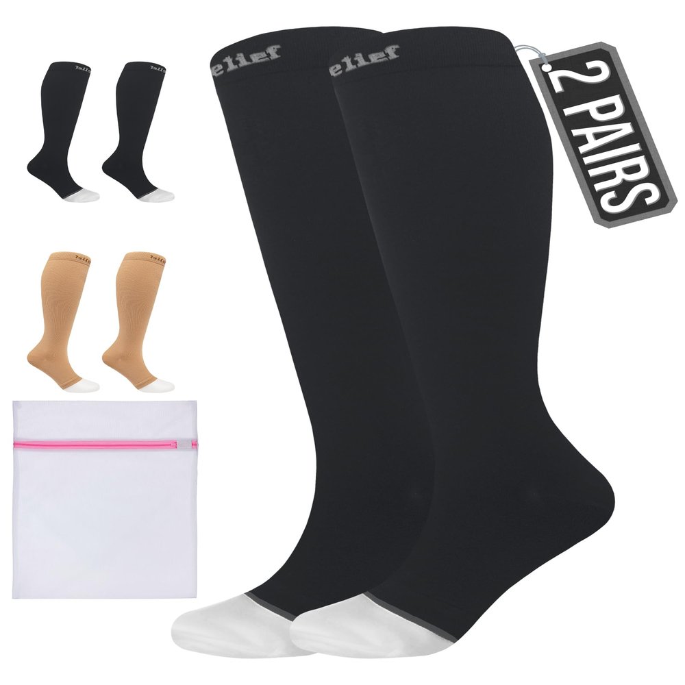 360 RELIEF 2 Pairs Plus Size Compression Socks for Women & Men - Open Toe Graduated Compression Stockings, Flight Socks, Running, Nurses, Maternity, Pregnancy, 3XL, Black + Laundry Bag