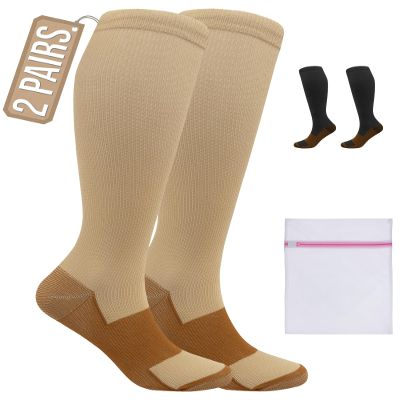 360 RELIEF 2 Pairs Copper Compression Socks Women & Men 15-20 mmHg Varicose Veins, Travel, Running, Pregnancy Socks, XXL, Beige + Laundry Bag