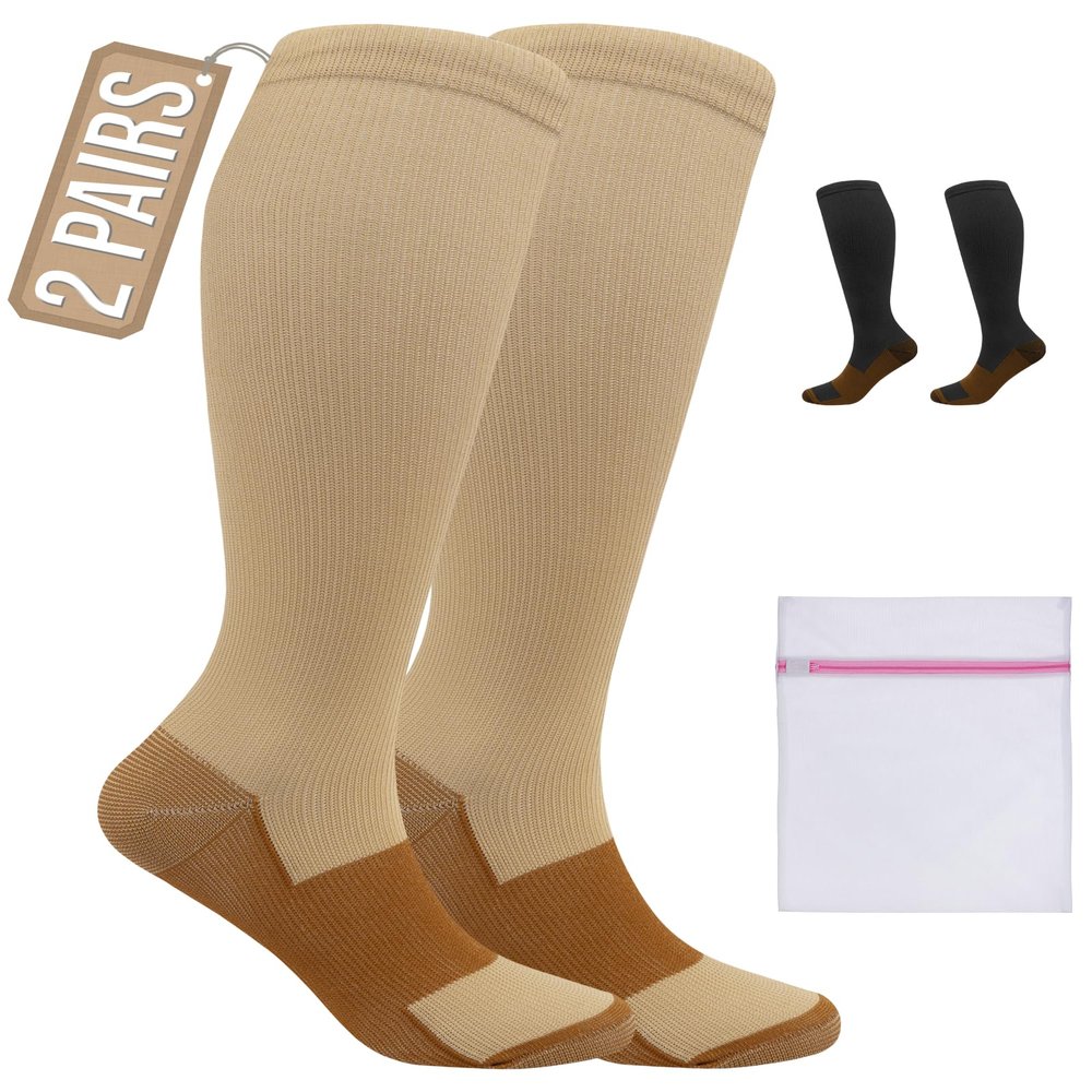 360 RELIEF 2 Pairs Copper Compression Socks Women & Men 15-20 mmHg Varicose Veins, Travel, Running, Pregnancy Socks, XXL, Beige + Laundry Bag