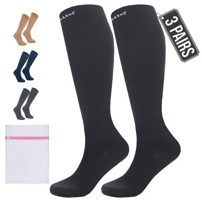 360 RELIEF 3 Pairs Compression Socks for Women & Men - 15-20 mmHg Travel Flight Socks  Graduated Support - Ideal for Running, Cycling & during Maternity -S/M, Black with Laundry Bag