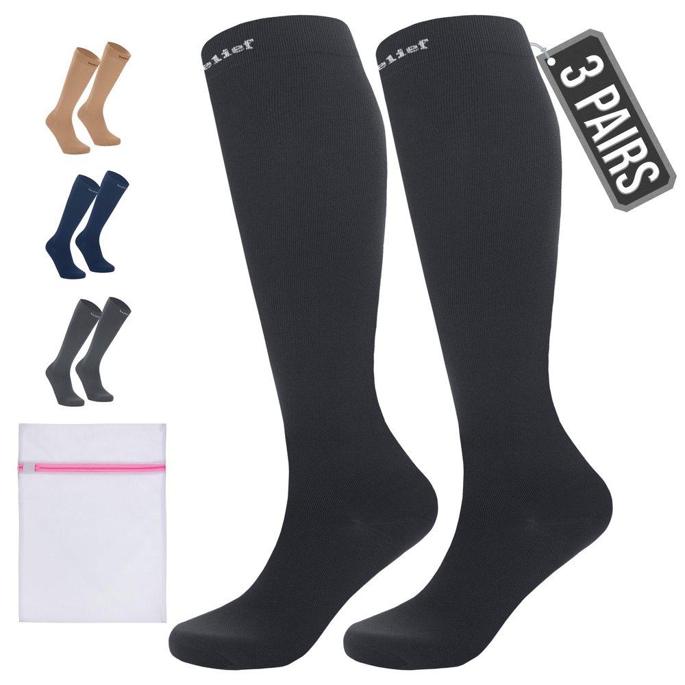 360 RELIEF 3 Pairs Compression Socks for Women & Men - 15-20 mmHg Travel Flight Socks  Graduated Support - Ideal for Running, Cycling & during Maternity -S/M, Black with Laundry Bag