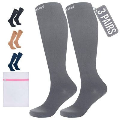 360 RELIEF 3 Pairs Compression Socks for Women & Men - 15-20 mmHg Travel Flight Socks  Graduated Support - Ideal for Running, Cycling & during Maternity -S/M, Grey with Laundry Bag