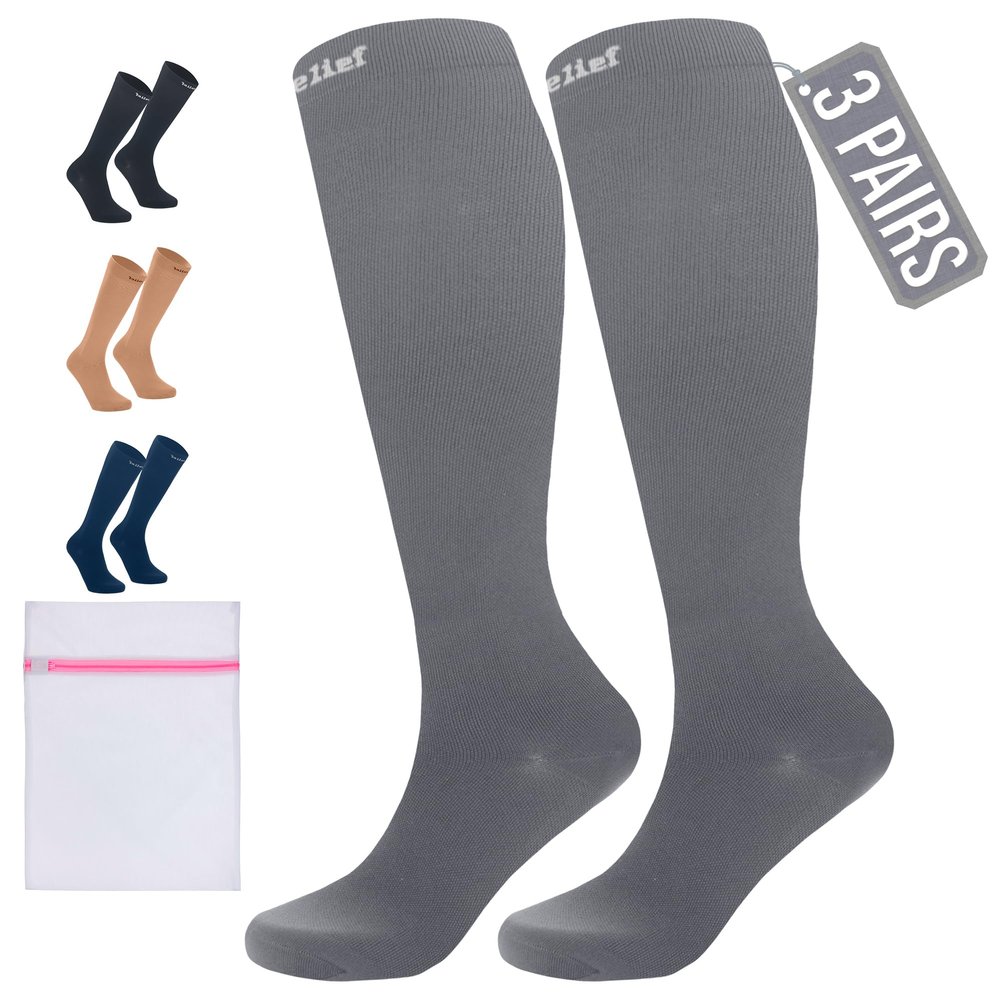 360 RELIEF 3 Pairs Compression Socks for Women & Men - 15-20 mmHg Travel Flight Socks  Graduated Support - Ideal for Running, Cycling & during Maternity -S/M, Grey with Laundry Bag