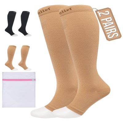 360 RELIEF 2 Pairs Plus Size Compression Socks for Women & Men - Open Toe Graduated Compression Stockings, Flight Socks, Running, Nurses, Maternity, Pregnancy, 3XL, Beige + Laundry Bag
