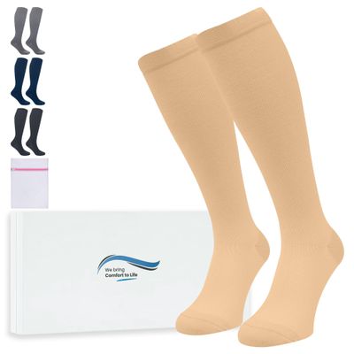 360 RELIEF 3 Pairs Compression Socks for Women & Men - 15-20 mmHg Travel Flight Socks Graduated Support - Ideal for Running, Cycling & during Maternity -XXL, Beige with Laundry Bag