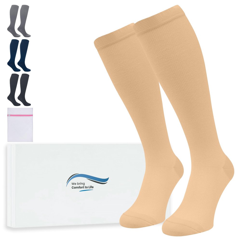 360 RELIEF 3 Pairs Compression Socks for Women & Men - 15-20 mmHg Travel Flight Socks Graduated Support - Ideal for Running, Cycling & during Maternity -XXL, Beige with Laundry Bag