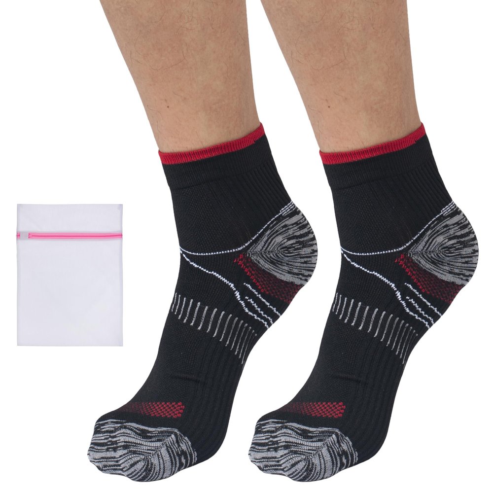 360 RELIEF Ankle Compression Socks - Supports Arch, Travel, Flight, Sports | with Mesh Laundry Bag (2Pairs-Red/Black, L-XL)
