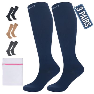 360 RELIEF 3 Pairs Compression Socks for Women & Men - 15-20 mmHg Travel Flight Socks  Graduated Support - Ideal for Running, Cycling & during Maternity -XXL, Blue with Laundry Bag