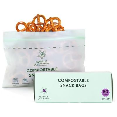 100% Compostable Zip Bag - Resealable BioBased Eco Friendly Freezer Safe - Extra Strength Strong Food Storage Bags Plant-Based Reusable Sandwich Bags (Pack of 50) (Snack)