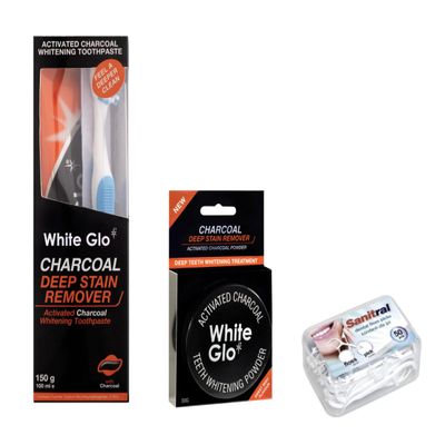 White Glo Charcoal Deep Stain Remover Whitening Toothpaste +White Glo Charcoal Polishing Powder Deep Stain Remover Whitening +Sanitral Dental Floss (Set of 3)