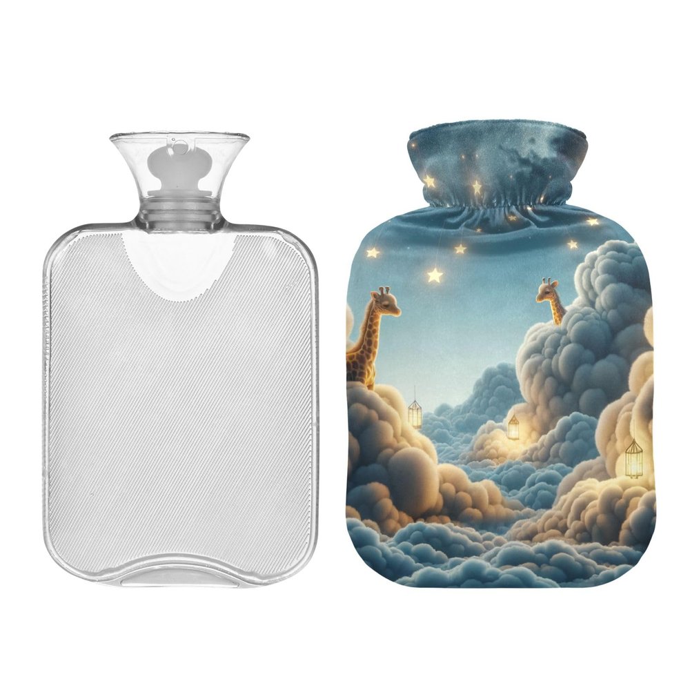Giraffes on The Sky Hot Water Bottle with Cover, Transparent Hot Water Bag for Menstrual Cramps Neck and Shoulder Pain Relief, Bed Warmer 1L