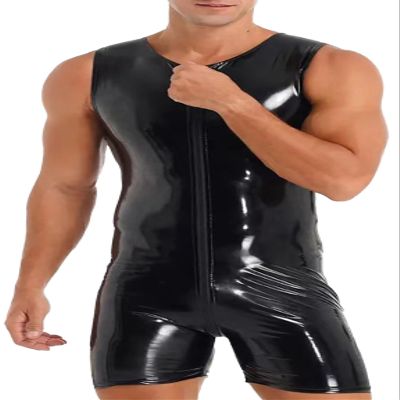 AIEOE Men's Jumpsuit Patent Leather PVC Overall with Long Zipper Sexy One-Piece Suits Slim Fit, Black 06, M