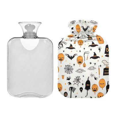 Halloween Icons in White Hot Water Bottle with Velvet Cover, 1L Transparent Hot Water Bag for Menstrual Cramps Neck and Shoulder Pain Relief, PVC Hand Feet Warmer
