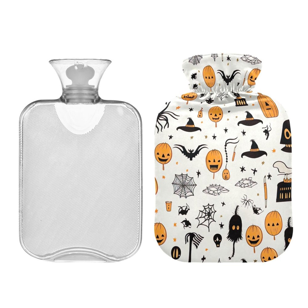 Halloween Icons in White Hot Water Bottle with Velvet Cover, 1L Transparent Hot Water Bag for Menstrual Cramps Neck and Shoulder Pain Relief, PVC Hand Feet Warmer