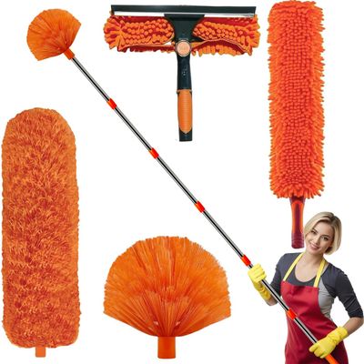 20+ Feet High Reach Duster Kit with 3-14 ft Free Installation Extension Pole // High Ceiling Dusting and Window Cleaning Tool Kit // Window Washer & Squeegee, Cobweb Duster, Fan Blade,Feather Dusters