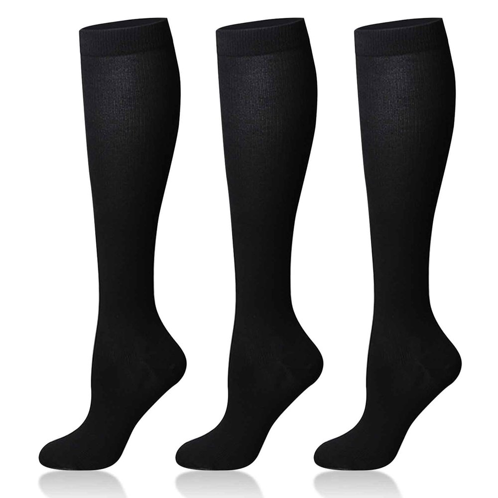 AWAVM 3 Pairs Compression Socks for Women & Men,Non-Slip Breathable Long Tube Compression Socks,Flight Socks Running Socks for Support,Sports,Flying,Maternity Pregnancy,Nurses,Travel,XL (BLACK)