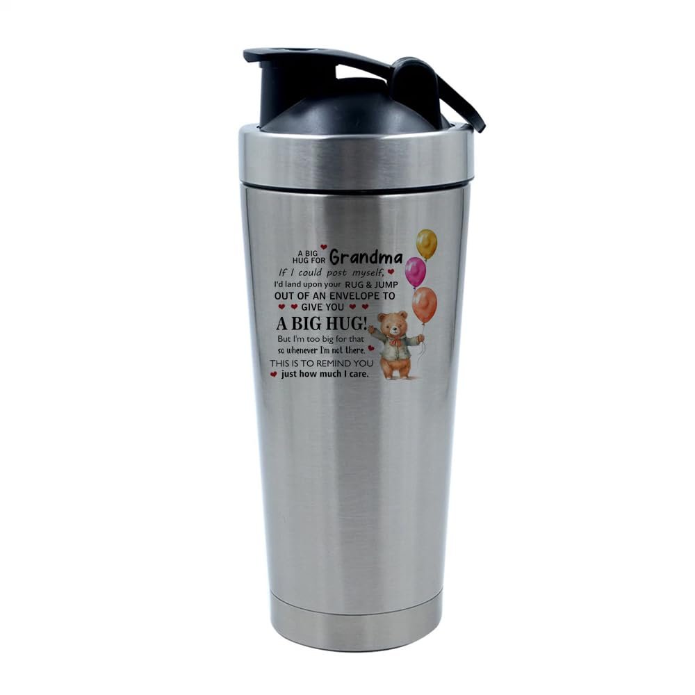 A Big Hug for Grandma, Mothers Day Gift For Grandmother, 500ml Aluminium Shaker Bottle for Supplement Shakes - Easy Clean, Durable Cup. (Silver)