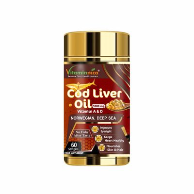 Vitaminnica COD Liver Oil with Natural Omega 3, EPA & DHA | Vitamin A & D | Norwegian Deep Sea | for Healthy Heart, Brain, Eyes, Joints & Muscles - 60 Softgels