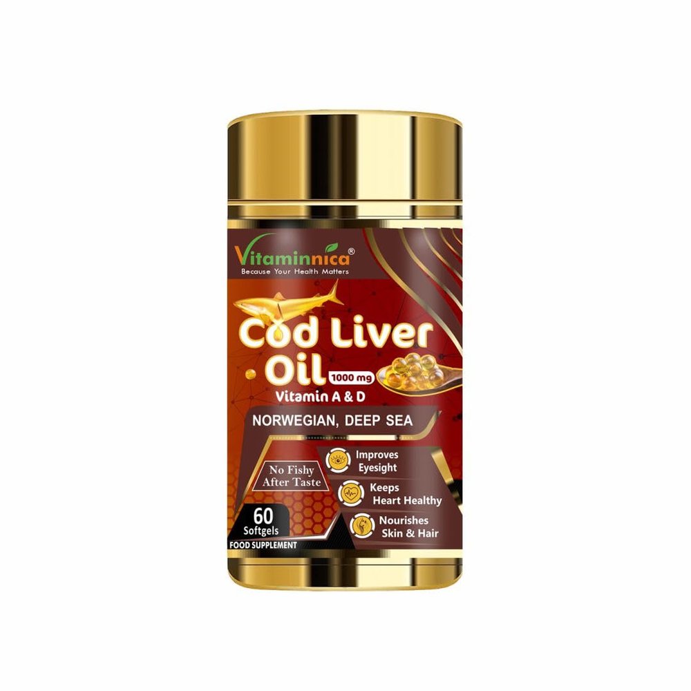 Vitaminnica COD Liver Oil with Natural Omega 3, EPA & DHA | Vitamin A & D | Norwegian Deep Sea | for Healthy Heart, Brain, Eyes, Joints & Muscles - 60 Softgels