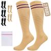 360 RELIEF 2 Pairs Compression Socks for Women Men, 15-20 mmHg Supports Circulation, Travel Flight Socks, Pregnancy Stockings XXL, Beige with 2 Plum Purple lines + Laundry Bag