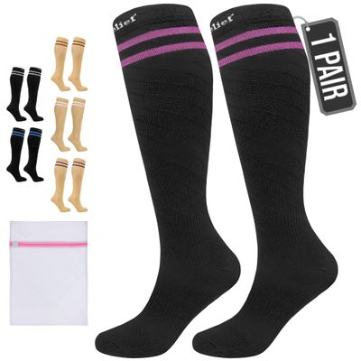 360 RELIEF Compression Socks for Women Men, 15-20 mmHg Supports Circulation, Travel Flight Socks, Pregnancy Stockings L/XL, Black with 2 Pink lines + Laundry Bag