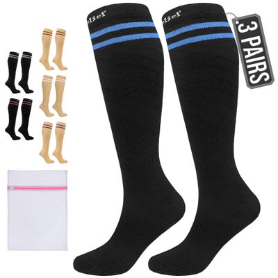 360 RELIEF 3 Pairs Compression Socks for Women Men, 15-20 mmHg Supports Circulation, Travel Flight Socks, Pregnancy Stockings S/M, Black with 2 Blue lines + Laundry Bag