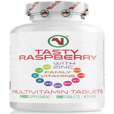 Nutriodol Tasty Raspberry Multivitamin Tablets, 180 Chewable Vegetarian and Vegan Friendly Tablets, Suitable for Adults and Children from 3 Years of Age.