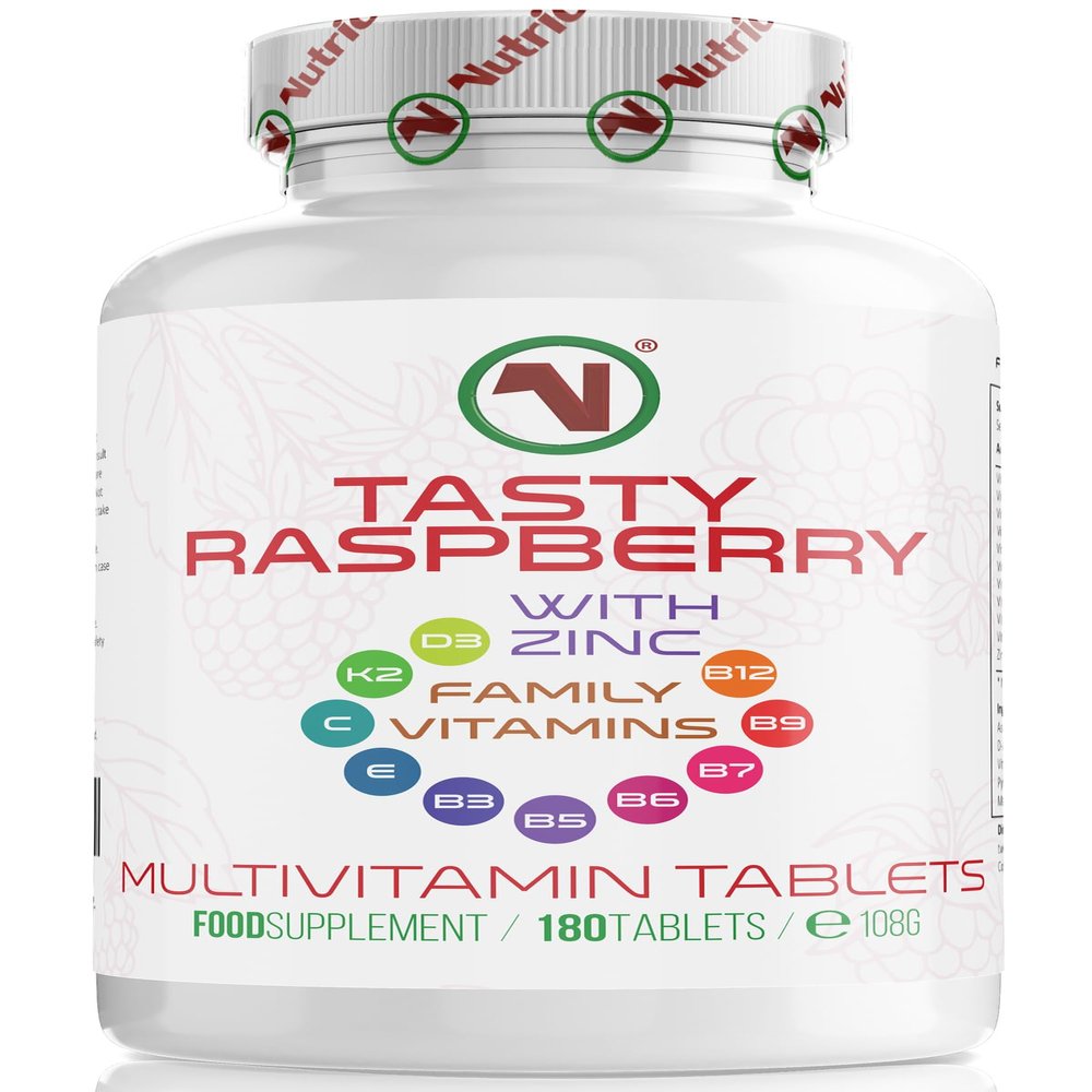 Nutriodol Tasty Raspberry Multivitamin Tablets, 180 Chewable Vegetarian and Vegan Friendly Tablets, Suitable for Adults and Children from 3 Years of Age.