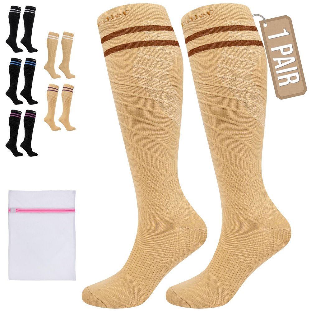 360 RELIEF Compression Socks for Women Men, 15-20 mmHg Supports Circulation, Travel Flight Socks, Pregnancy Stockings S/M, Beige with 2 Dark brown lines + Laundry Bag