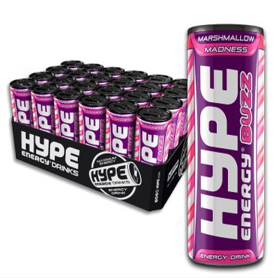 Hype Energy BUZZ MarshMallow Madness Energy Drink - 24x250ml | Caffeine Content, Taurine & 5 x B-Vitamins | Vegan, Gluten Free | Power Up & Fuel Your Day with berrylicious marshmallow