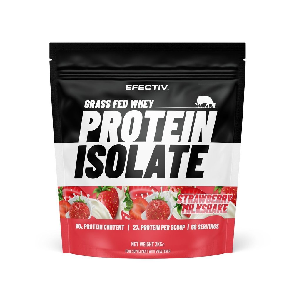 Efectiv Grass Fed Ultra-Filtered Whey Protein Powder Isolate 2KG - Strawberry Milkshake - 27g Protein & 90% Protein Content - 66 Servings - Low Fat, Low Sugar