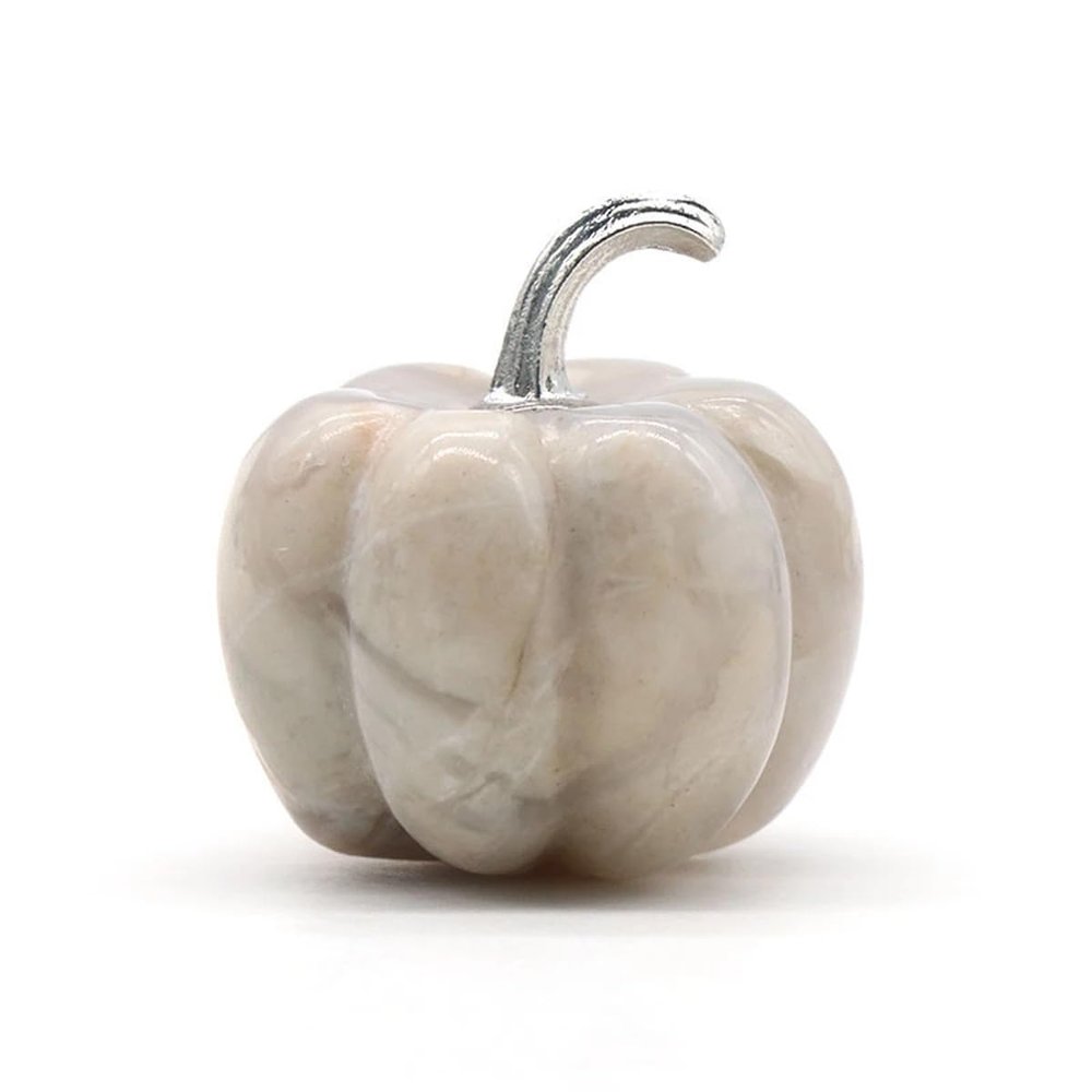 1PC Pumpkin Statue Natural Stone Ornament Hand Carved Pumpkin Figurine Jade Agate Healing Crystals Office Home Decor,White Crazy Agate
