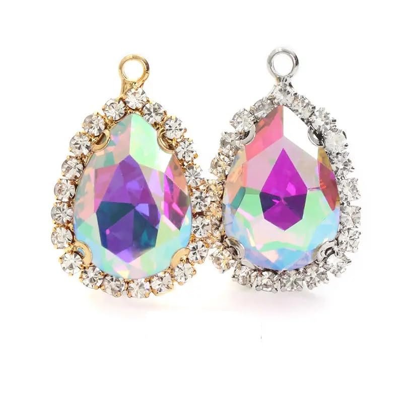 10pcs Drop Shape Crystal Stone Sew On Rhinestone Golden/White K Metal Claw Settings Pendants,P