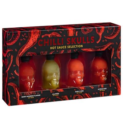 Chilli Skulls Hot Sauce Set, 4pk Spicy Sauce Collection, Perfect for Foodie Enthusiasts, Unique Gourmet Gift Box
