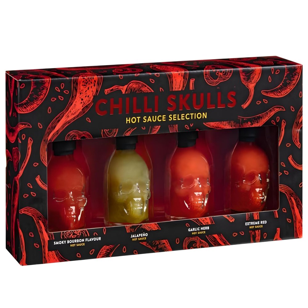 Chilli Skulls Hot Sauce Set, 4pk Spicy Sauce Collection, Perfect for Foodie Enthusiasts, Unique Gourmet Gift Box