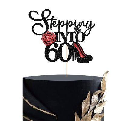 Stepping Into 40 Cake Topper, Women's 40th Birthday Cake Topper, Highheel Rose Sign Cheers to 40 Years Cake Decorations - Black & Red Glitter