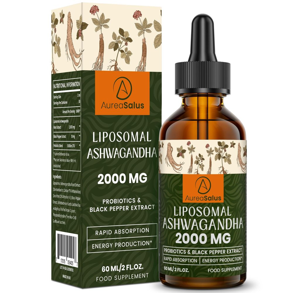 AureaSalus Liposomal Ashwagandha Drops 2000mg, Pure Natural Ashwagandha Extract, Enrich Probiotics & Black Pepper Extract, Stress Relieve Supplements, Increase Energy (60 ml (Pack of 1))