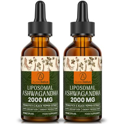 AureaSalus Liposomal Ashwagandha Drops 2000mg, Pure Natural Ashwagandha Extract, Enrich Probiotics & Black Pepper Extract, Stress Relieve Supplements, Increase Energy (60 ml (Pack of 2))