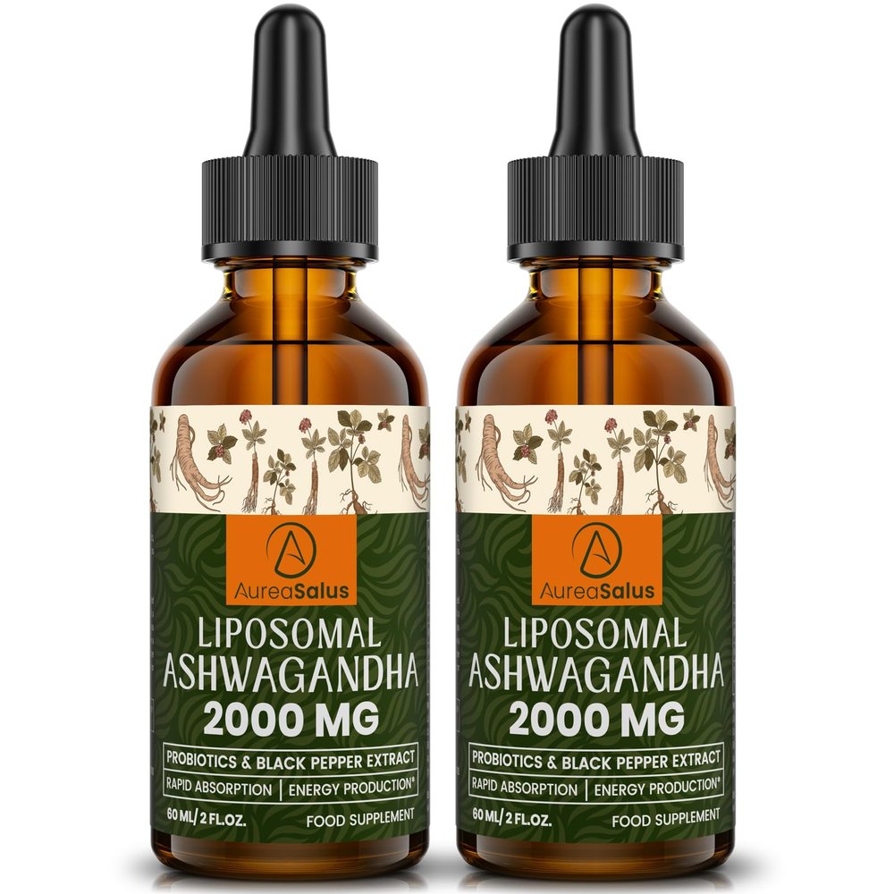 AureaSalus Liposomal Ashwagandha Drops 2000mg, Pure Natural Ashwagandha Extract, Enrich Probiotics & Black Pepper Extract, Stress Relieve Supplements, Increase Energy (60 ml (Pack of 2))