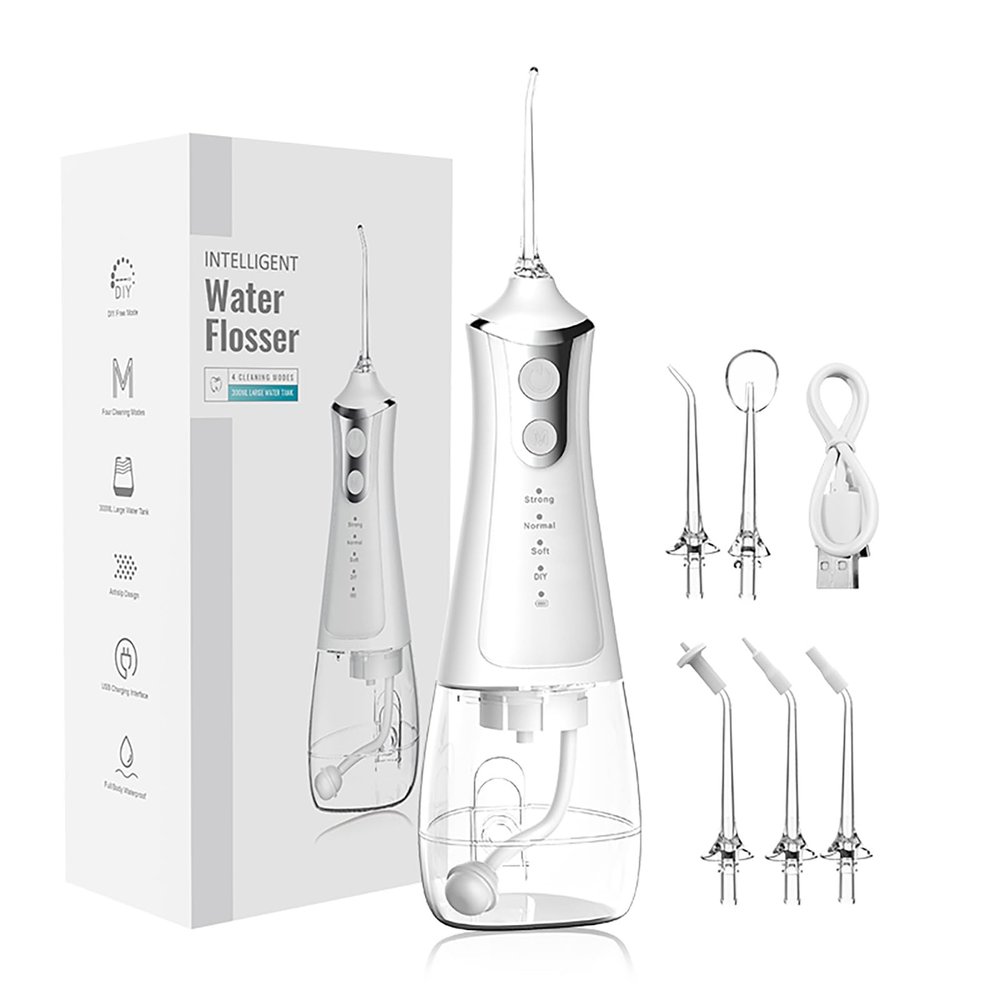300Ml Portable Dental Flosser 4 Cleaning Modes Ipx7 Water Resistant Adult and Children Braces Oral Care Dental Water Flosser Teeth Cleaner (Color : White)