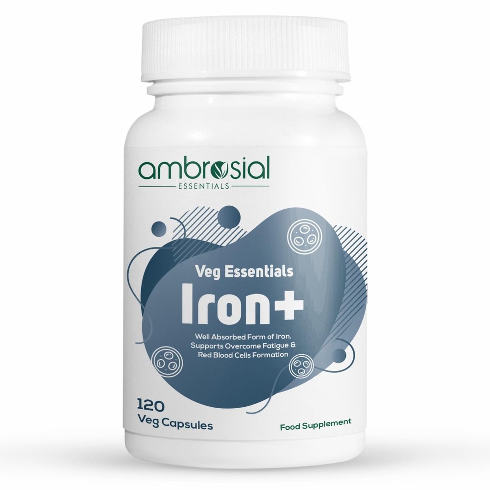 Ambrosial Iron Capsules 25mg - High Strength Supplements for Women & Men - Blood Support for Tiredness & Fatigue - Non-Constipating, Enhanced Absorption - Vegan, Gluten Free - 120 Iron Capsules