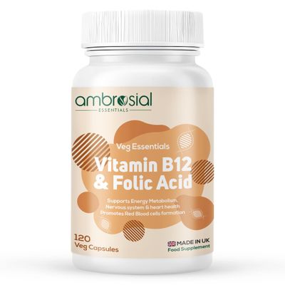 Ambrosial Vitamin B12 1000 mcg (Cyanocobalamin) & Folic Acid Tablets 500 mcg  Dual Formula in One Capsule  B12 Supplement for Women & Men Vegan, GMP Certified  120 Capsules (4 Months Supply)