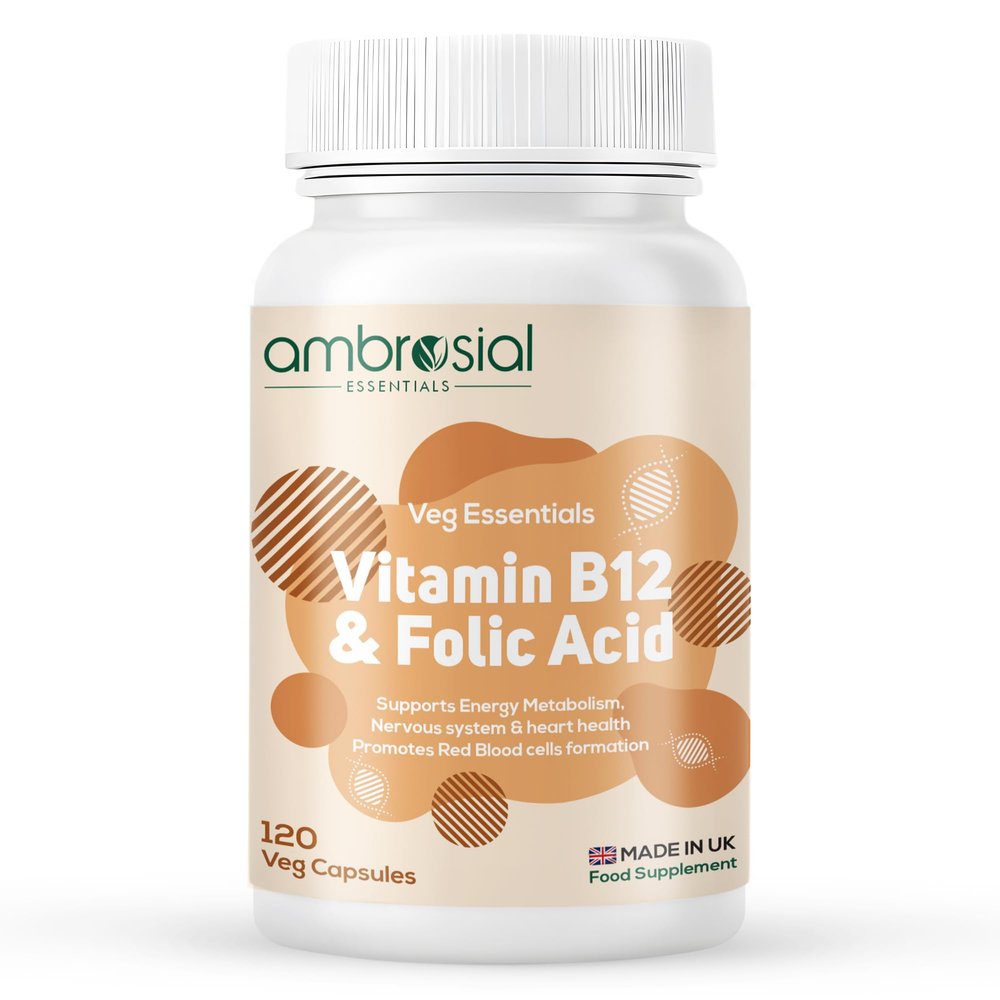 Ambrosial Vitamin B12 1000 mcg (Cyanocobalamin) & Folic Acid Tablets 500 mcg  Dual Formula in One Capsule  B12 Supplement for Women & Men Vegan, GMP Certified  120 Capsules (4 Months Supply)