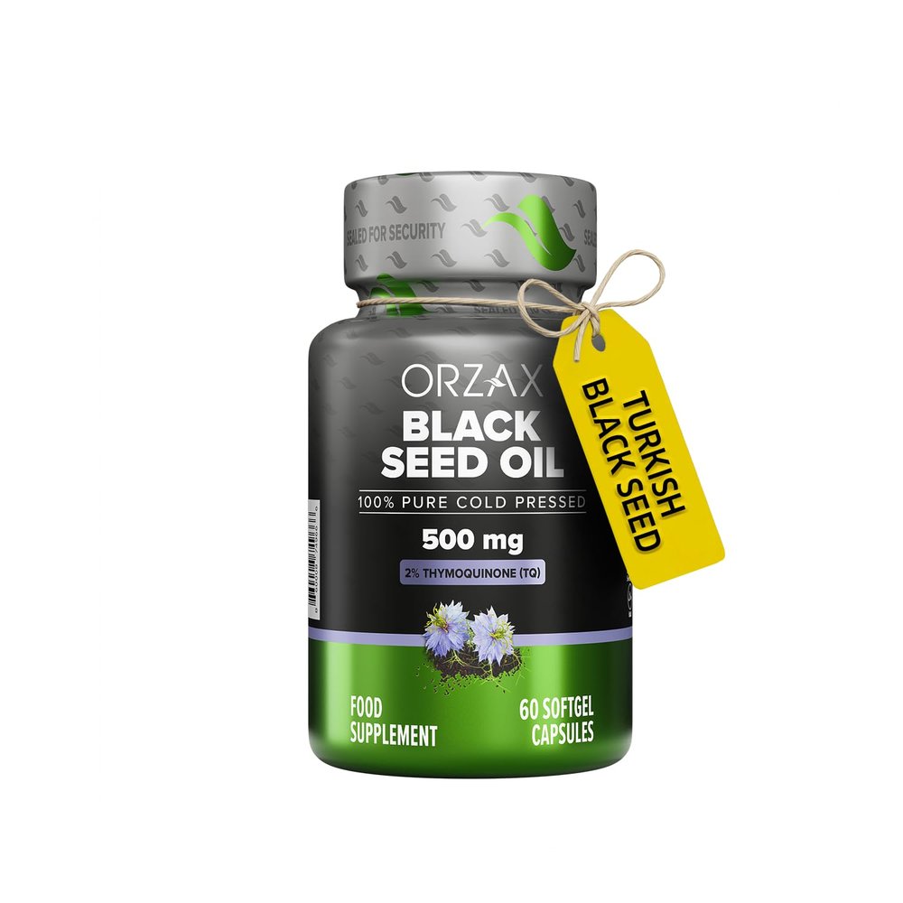 ORZAX Black Seed Oil Capsules 500mg - High Strength 20mg Thymoquinone - 60 Cold Pressed Nigella Sativa Softgels - Supports Immune, Hair, Skin, and Joint Health